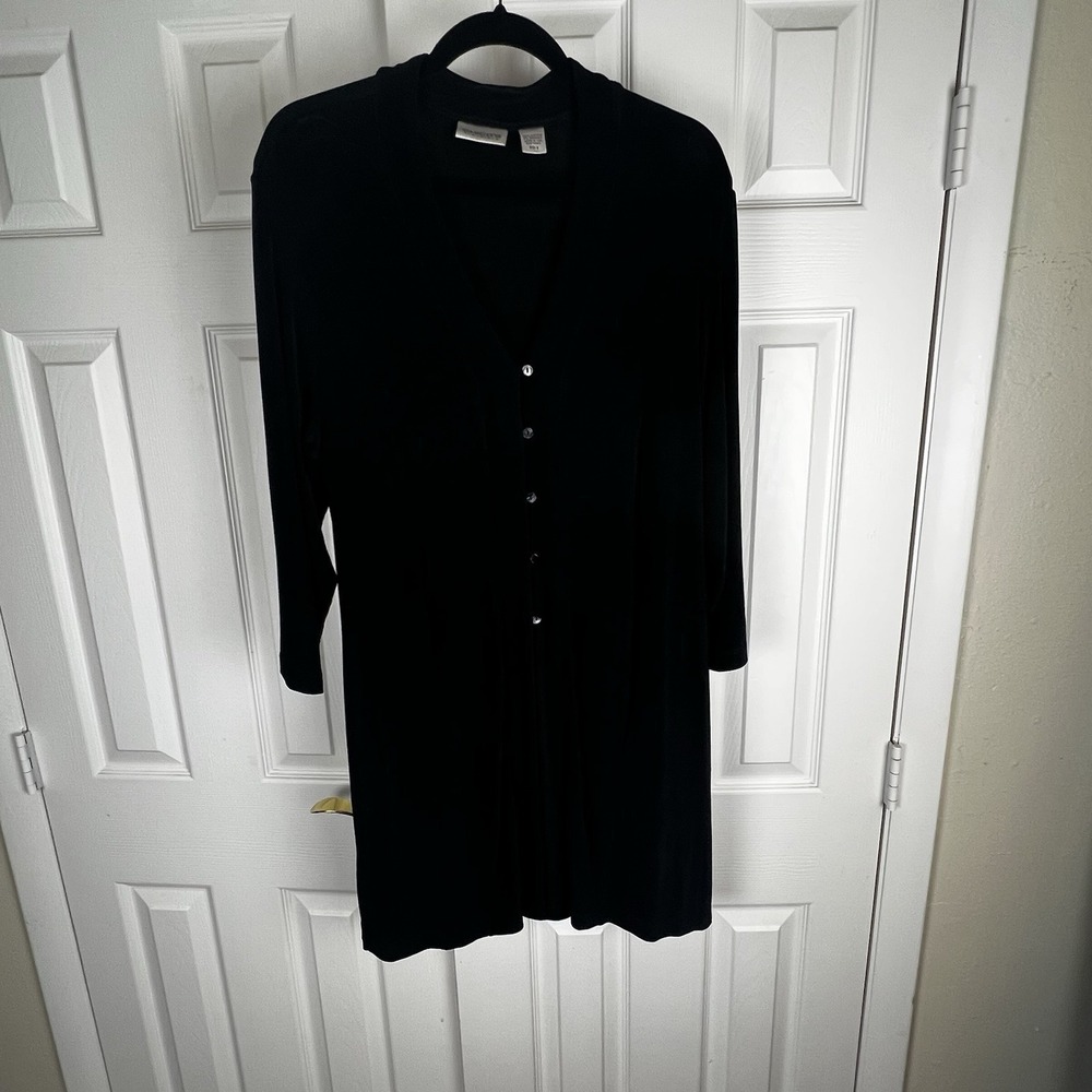 Chico's 2 Travelers Slinky L Black Duster Long Cardigan Single Button Pockets